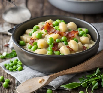 Gnocchi with Bacon and Peas in a Creamy Sauce