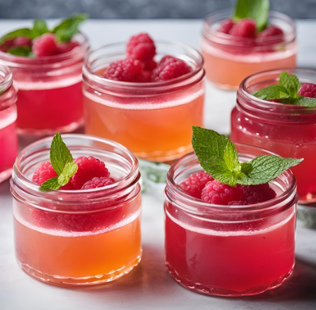 Pink grapefruit, raspberry and mint jellies