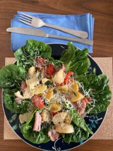 Bacon, Croutons, Cherry Tomato, Basil and Parmesan Salad.