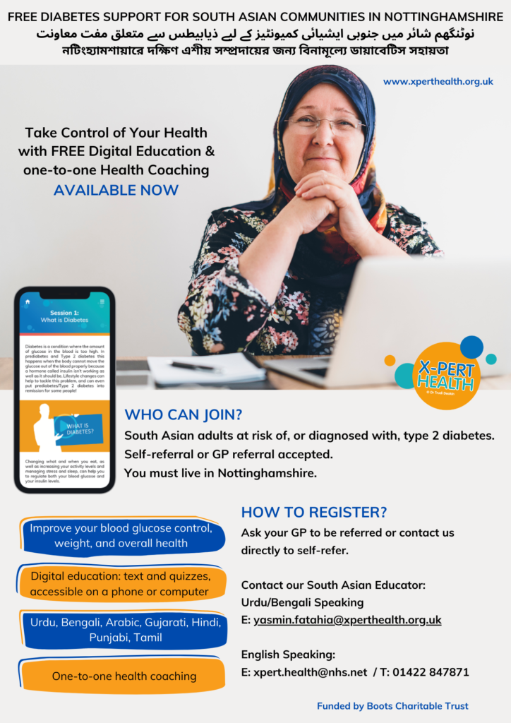 Free X-PERT Health Diabetes Support for the South Asian community in Nottinghamshire.